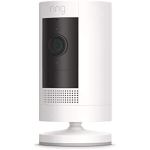 Ring Stick Up Cam Battery HD security camera with custom privacy controls, Simple setup, Works with Alexa – White