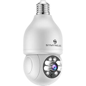 SYMYNELEC Light Bulb Security Camera Wireless, 2.4GHz WiFi 1080P Smart Home Surveillance Camera with Floodlight Night Vision Human Motion Detection Alarm Remote Access Easy Installation Indoor