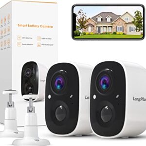 LongPlus Wireless Outdoor Security Camera,2 Pack Battery Powered Wireless Security Camera for Home Security, Wireless WiFi Camera with AI Detection, Color Night Vision,Spotlight,2 Way Audio,Only2.4Ghz